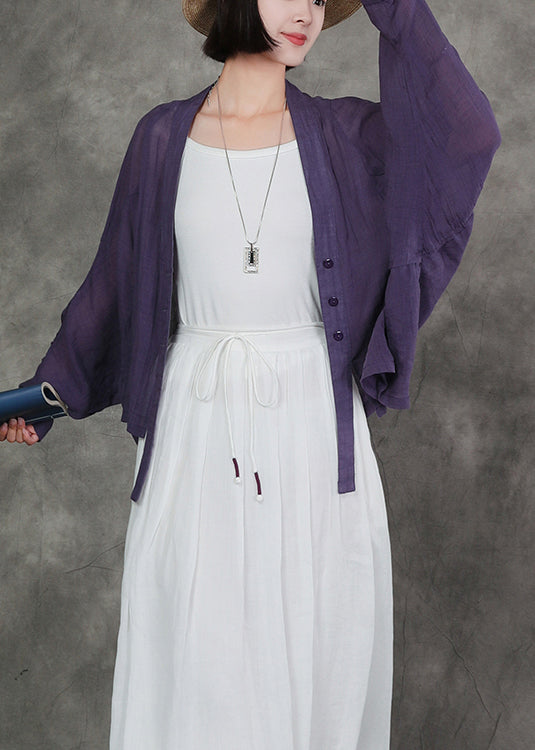 2025 New Original Purple V Neck Linen Cardigan Bat Sleeves