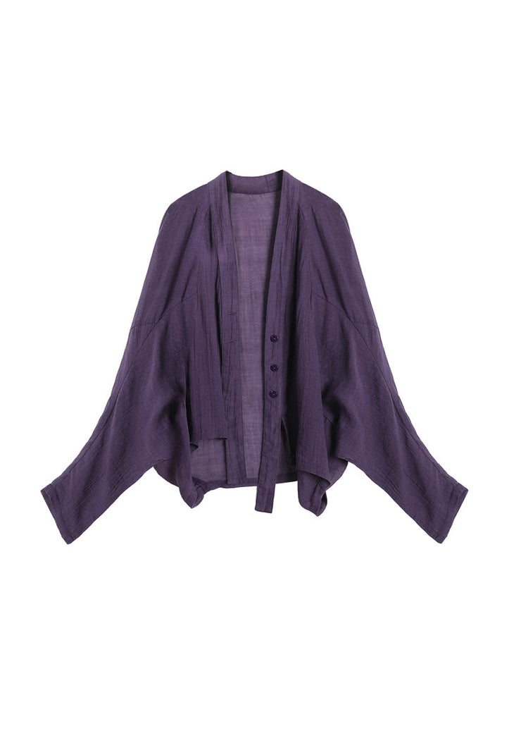 2025 New Original Purple V Neck Linen Cardigan Bat Sleeves