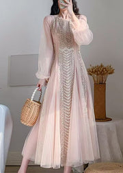 2024 New Pink Mesh Tulle Nail Bead Bubble Sleeve Dress