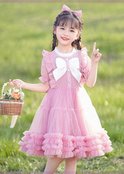 2024 New Pink O-Neck Bow Ruffled Patchwork Tulle Kids Maxi Dress Summer