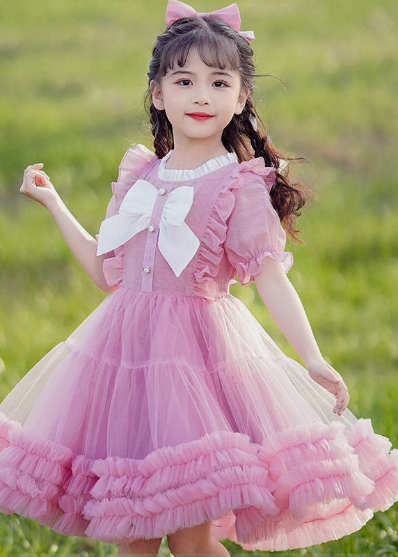 2024 New Pink O-Neck Bow Ruffled Patchwork Tulle Kids Maxi Dress Summer