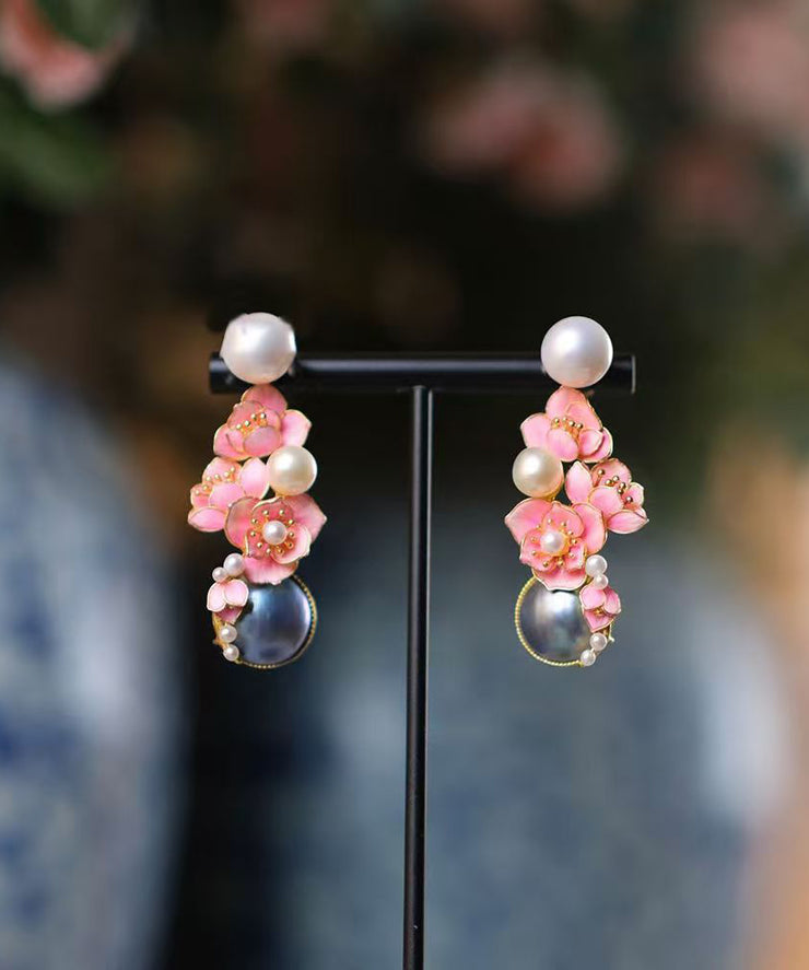 2025 New Pink Sterling Silver Pearl Floral Stud Earrings