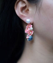 2025 New Pink Sterling Silver Pearl Floral Stud Earrings