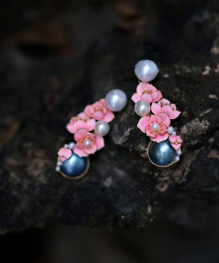 2025 New Pink Sterling Silver Pearl Floral Stud Earrings