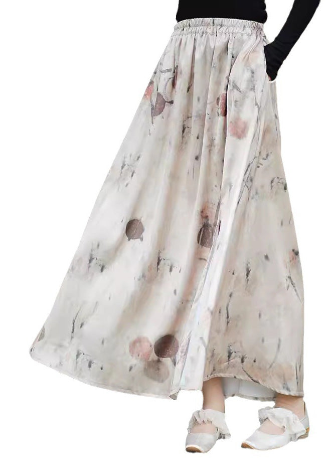 2024 New Print Pockets Elastic Waist Silk Skirts Summer