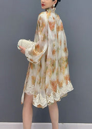 2025 New Stylish Printed Lace Up Mid Dress Long Sleeve