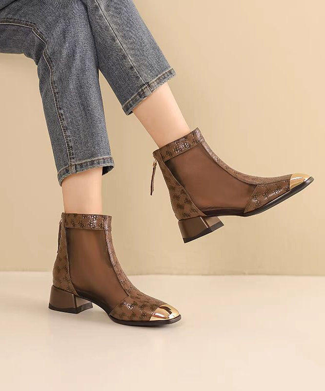 2024 New Summer Coffee Tulle Splicing Chunky Heel Sandals Boots