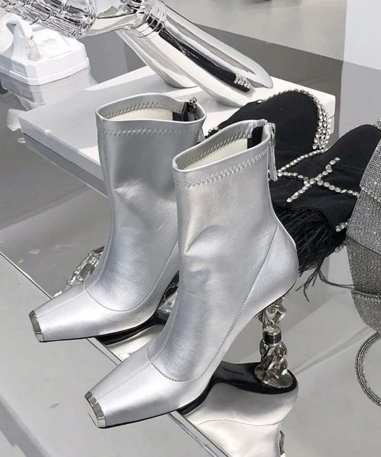2024 New Versatile Silver Zipper Metal Heterotypic High Heel Boots