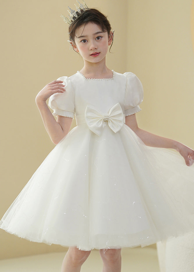2024 New White Nail Bead Bow Tulle Girls Mid Dress Puff Sleeve