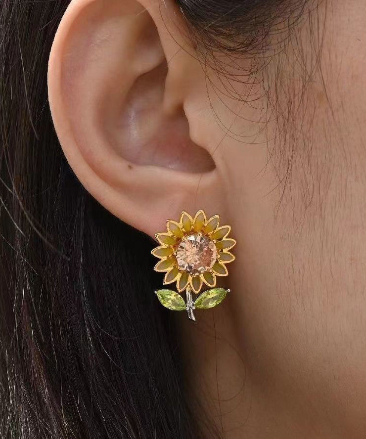 2024 New Yellow Sterling Silver Overgild Zircon Enamel Sunflower Stud Earrings