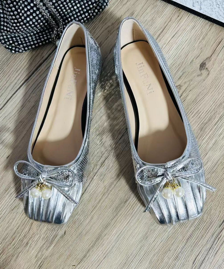 2024 Pearl Bow Wrinkled Square Head Flats Shoes