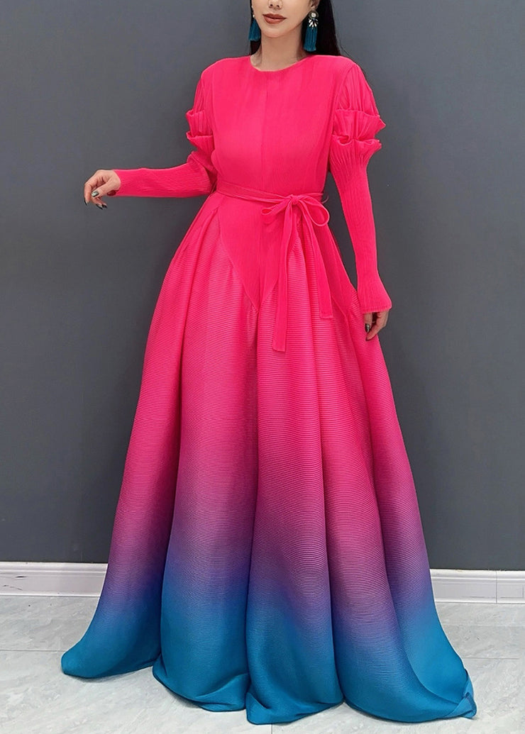 2024 Red O-Neck Gradient Color Maxi Dresses Long Sleeve