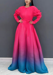 2024 Red O-Neck Gradient Color Maxi Dresses Long Sleeve
