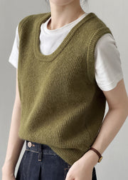 2025 Simple Versatile Green U Neck Knitted Vest Autumn