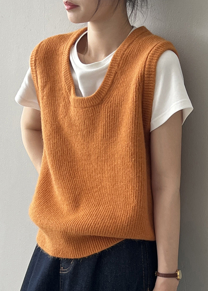 2024 Simple Versatile Green U Neck Knitted Vest Autumn