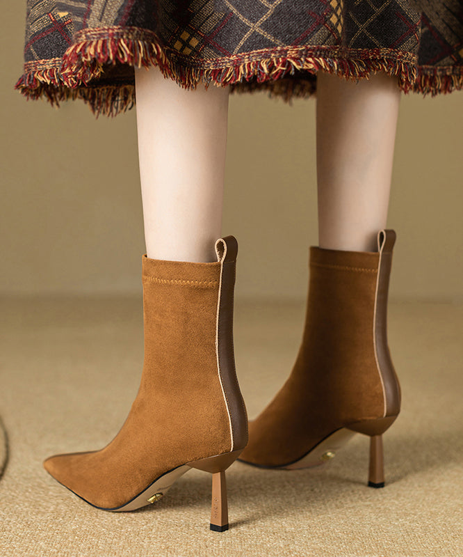 2024 Splicing Stiletto Boots Khaki Suede Pointed Toe