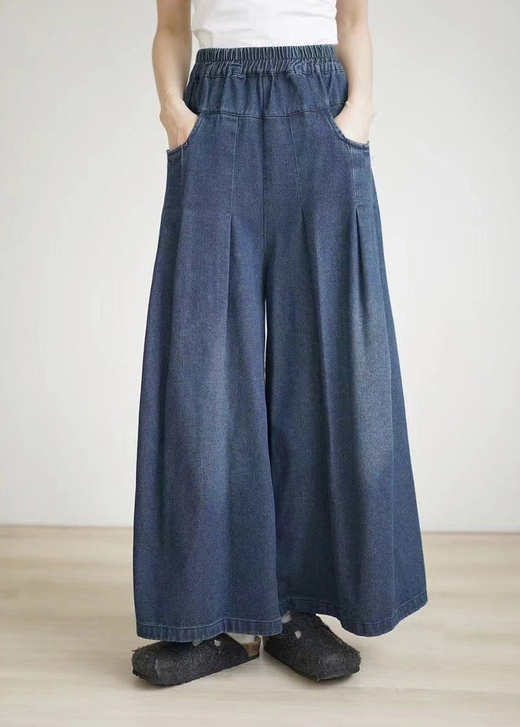 2025 Spring Summer Blue Elastic Waist Wrinkled Wide Leg Pants