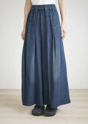 2025 Spring Summer Blue Elastic Waist Wrinkled Wide Leg Pants