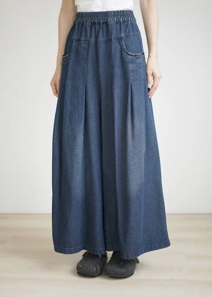 2024 Spring Summer Blue Elastic Waist Wrinkled Wide Leg Pants