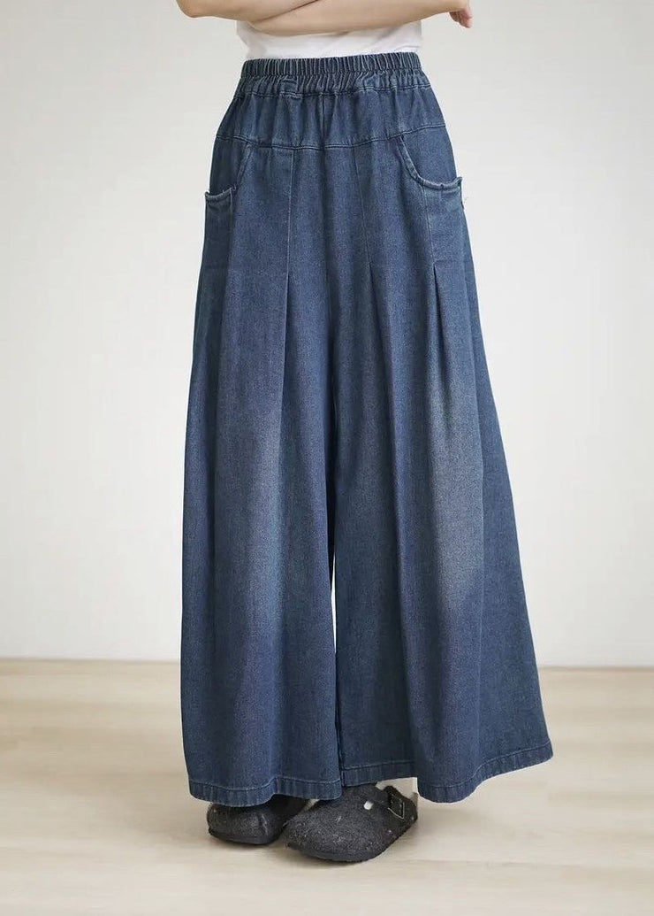 2025 Spring Summer Blue Elastic Waist Wrinkled Wide Leg Pants