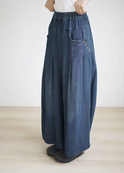 2025 Spring Summer Blue Elastic Waist Wrinkled Wide Leg Pants