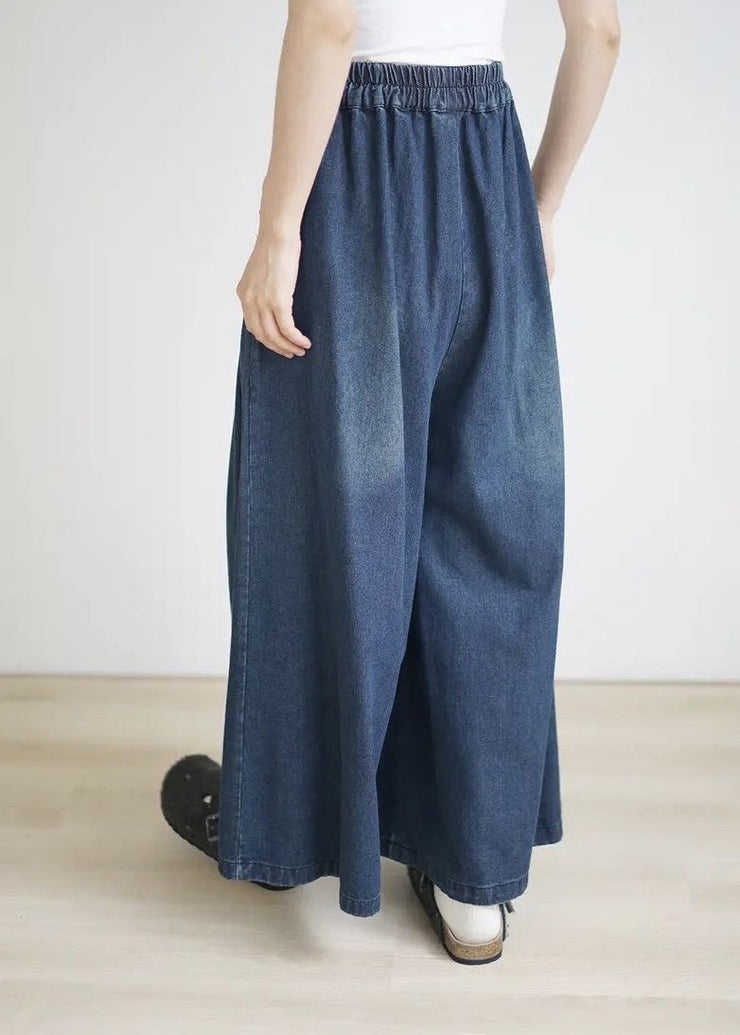 2025 Spring Summer Blue Elastic Waist Wrinkled Wide Leg Pants