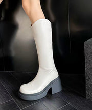 2025 Stylish Versatile Zippered Chunky Boots Beige Cowhide Leather