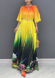 2025 Summer Fashion Orange Yellow Color Blocked Long Pleated Dress