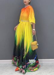 2025 Summer Fashion Orange Yellow Color Blocked Long Pleated Dress