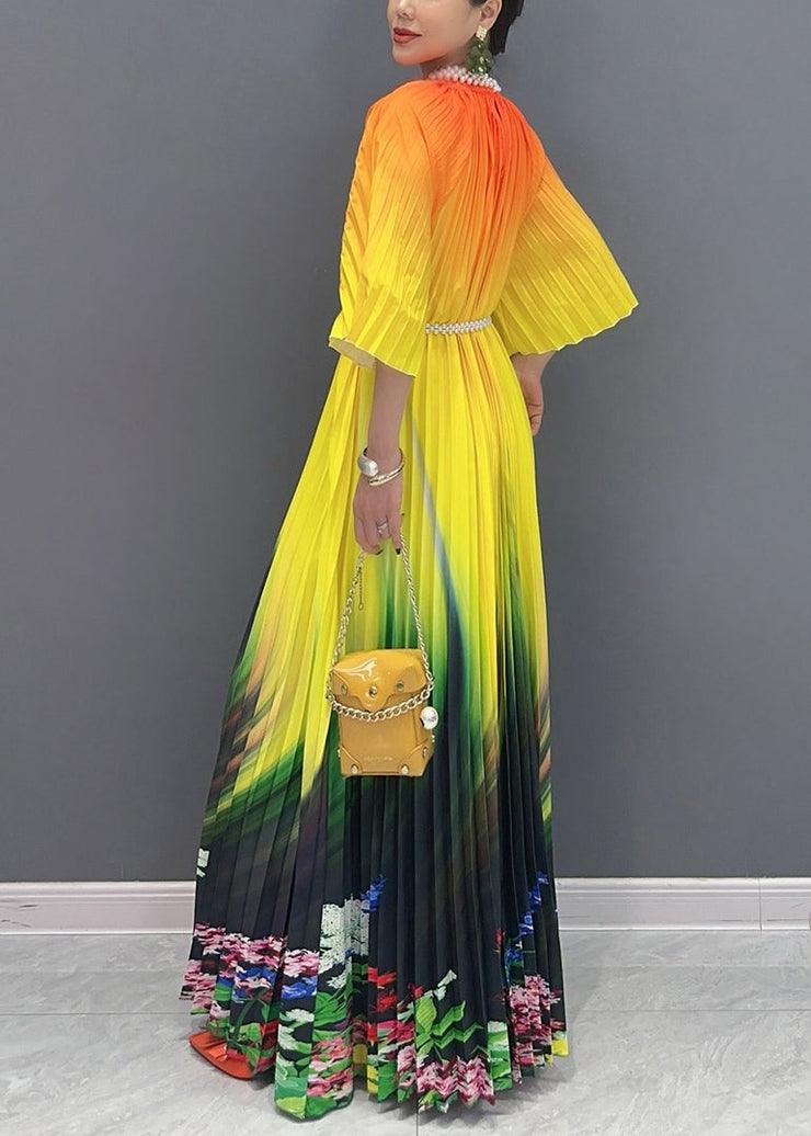 2025 Summer Fashion Orange Yellow Color Blocked Long Pleated Dress