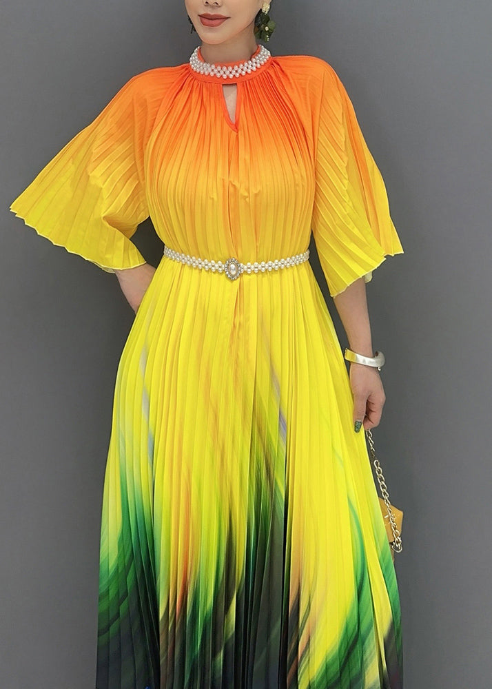 2024 Summer Fashion Orange Yellow Color Blocked Long Pleated Dress