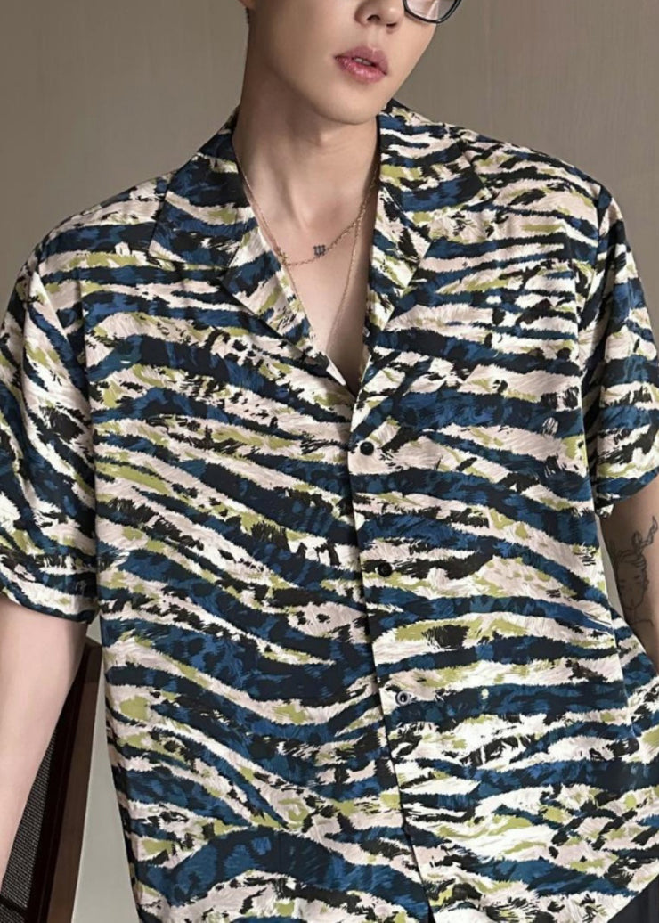2024 Summer Loose Cuban Collar Printed Leopard Short Sleeved Mens Shirt
