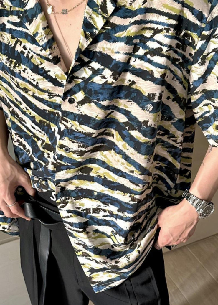 2024 Summer Loose Cuban Collar Printed Leopard Short Sleeved Mens Shirt
