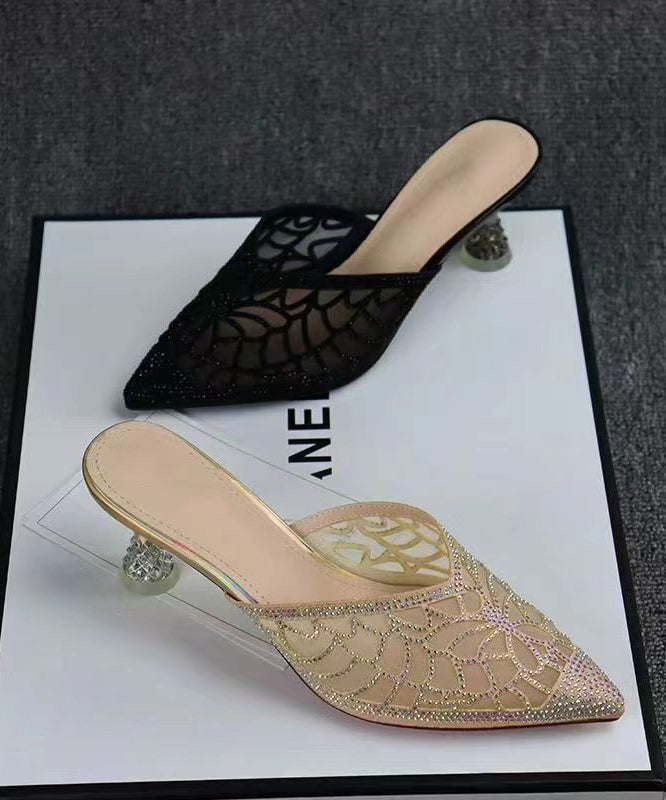 2024 Summer New Gold Hollow Out Zircon Pointed Toe Slide Sandals