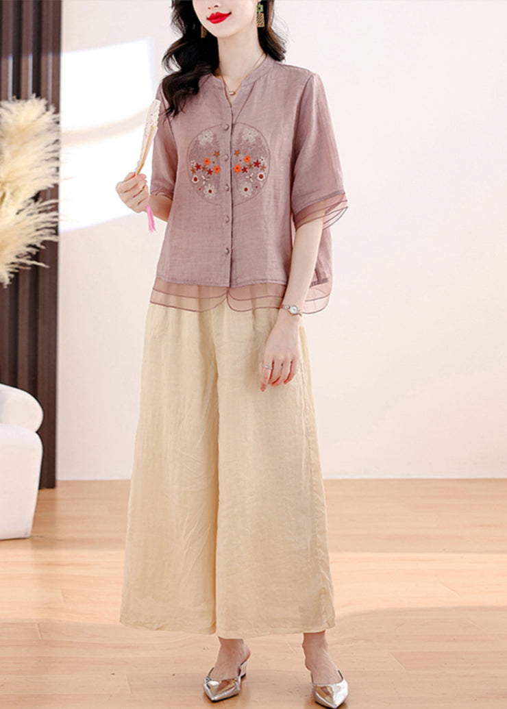 2024 Summer New Linen Embroidered Top and Pants Two Piece Set