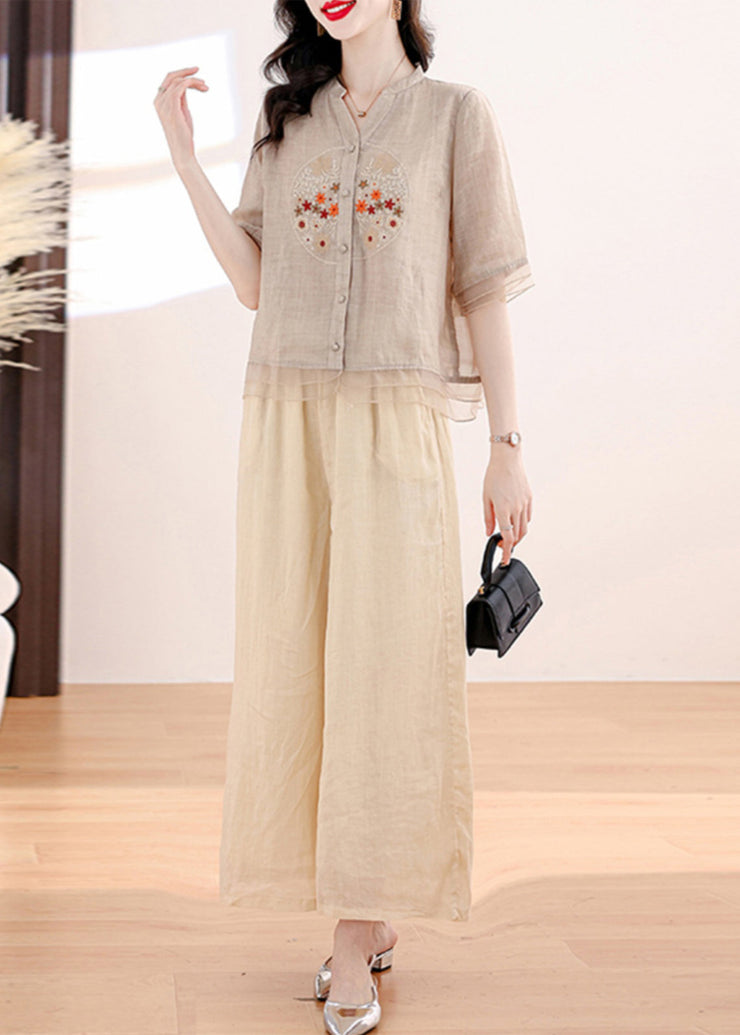 2024 Summer New Linen Embroidered Top and Pants Two Piece Set