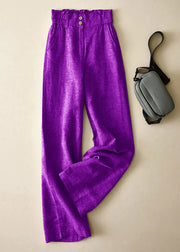 Elegant Purple High Waist Button Linen Straigh Pants Summer