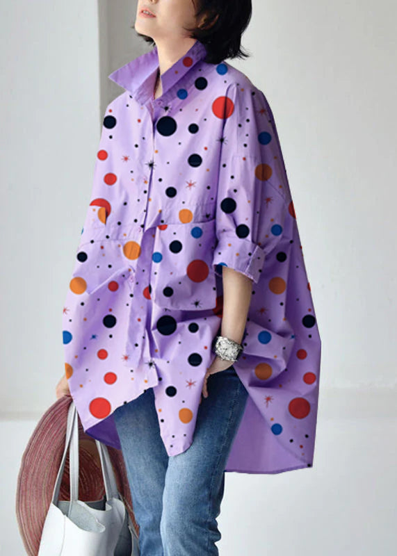 Purple polka dots Peter Pan Collar Low High Design Cotton Shirt Long Sleeve