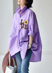 Purple Peter Pan Collar Low High Design Cotton Shirt Long Sleeve