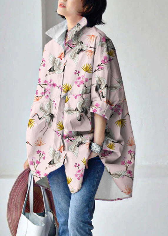 Pink Crane Peter Pan Collar Low High Design Cotton Shirt Long Sleeve