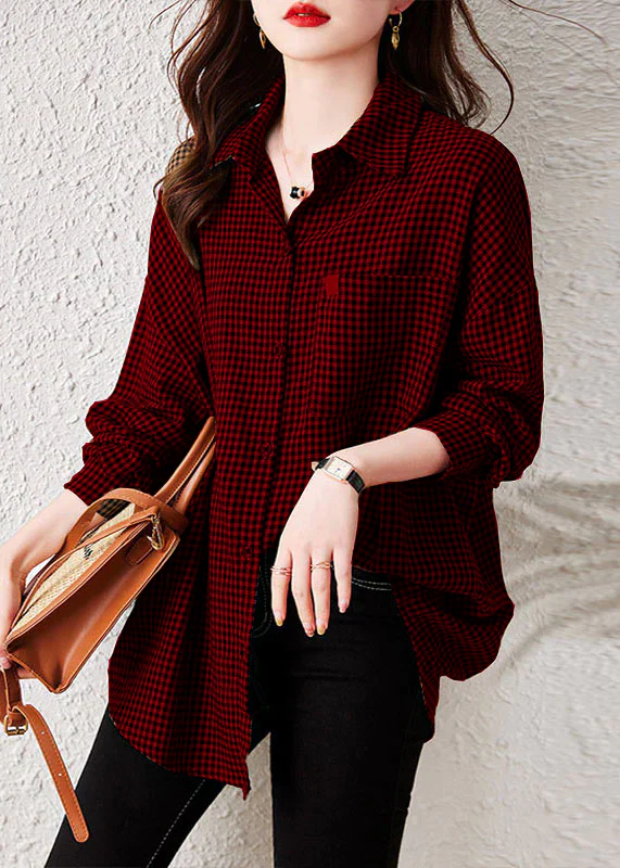 Oversized wine red Plaid Peter Pan Collar Pockets Patchwork Cotton Shirts Long Sleeve