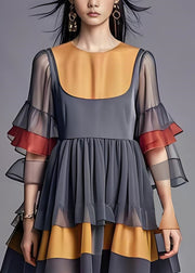 Stylish Grey O Neck Ruffled Patchwork Chiffon Dresses Summer