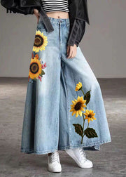 DIY Light Blue-sunflower fashion Pockets Casual Wide Leg Fall Denim Pants