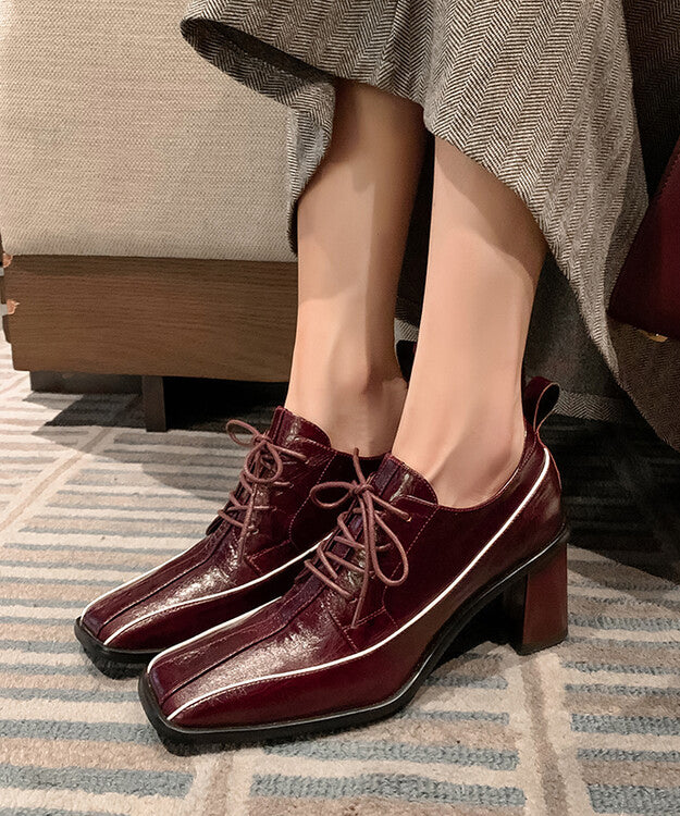 2025 Chic Splicing Lace Up Chunky Heel Mulberry Cowhide Leather