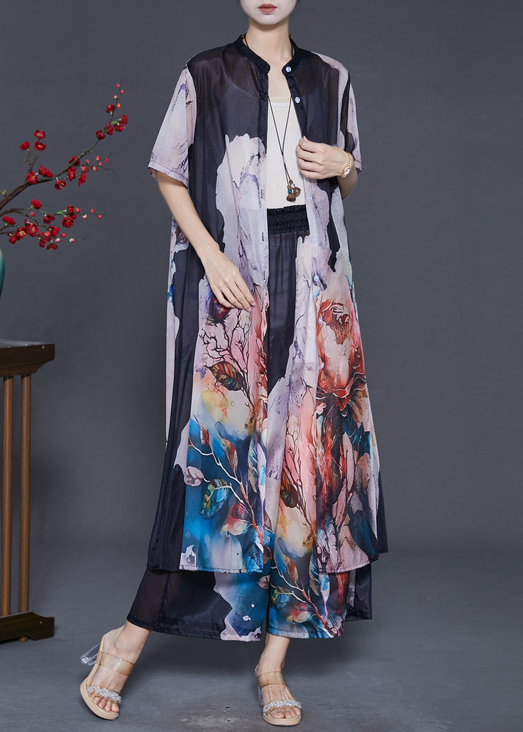 2025 New Black Oversized Print Chiffon Two Pieces Set Summer