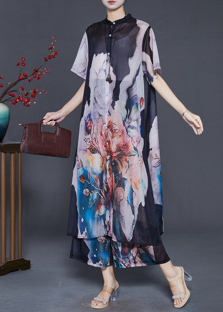 2025 New Black Oversized Print Chiffon Two Pieces Set Summer