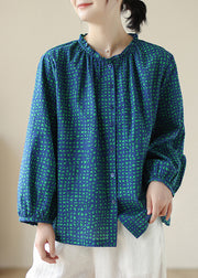 2025 New Blue Ruffled Print Cotton Shirt Tops Spring