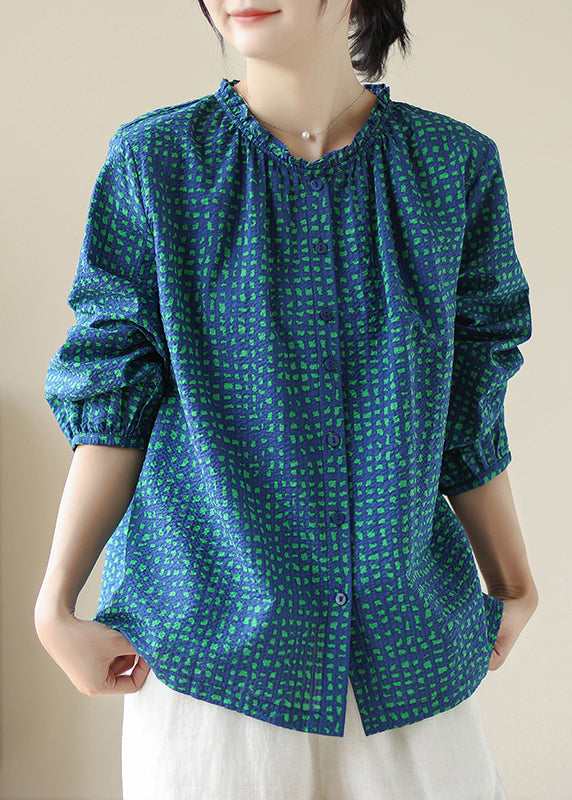 2025 New Blue Ruffled Print Cotton Shirt Tops Spring