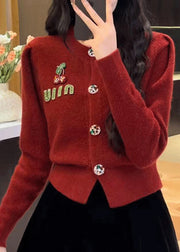 2025 New Red O Neck Button Knit Cardigan Spring