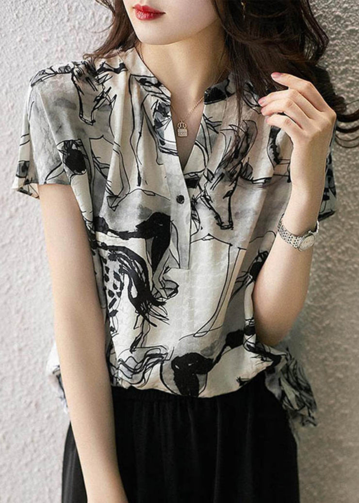 2025 New V Neck Print Chiffon Tops Summer